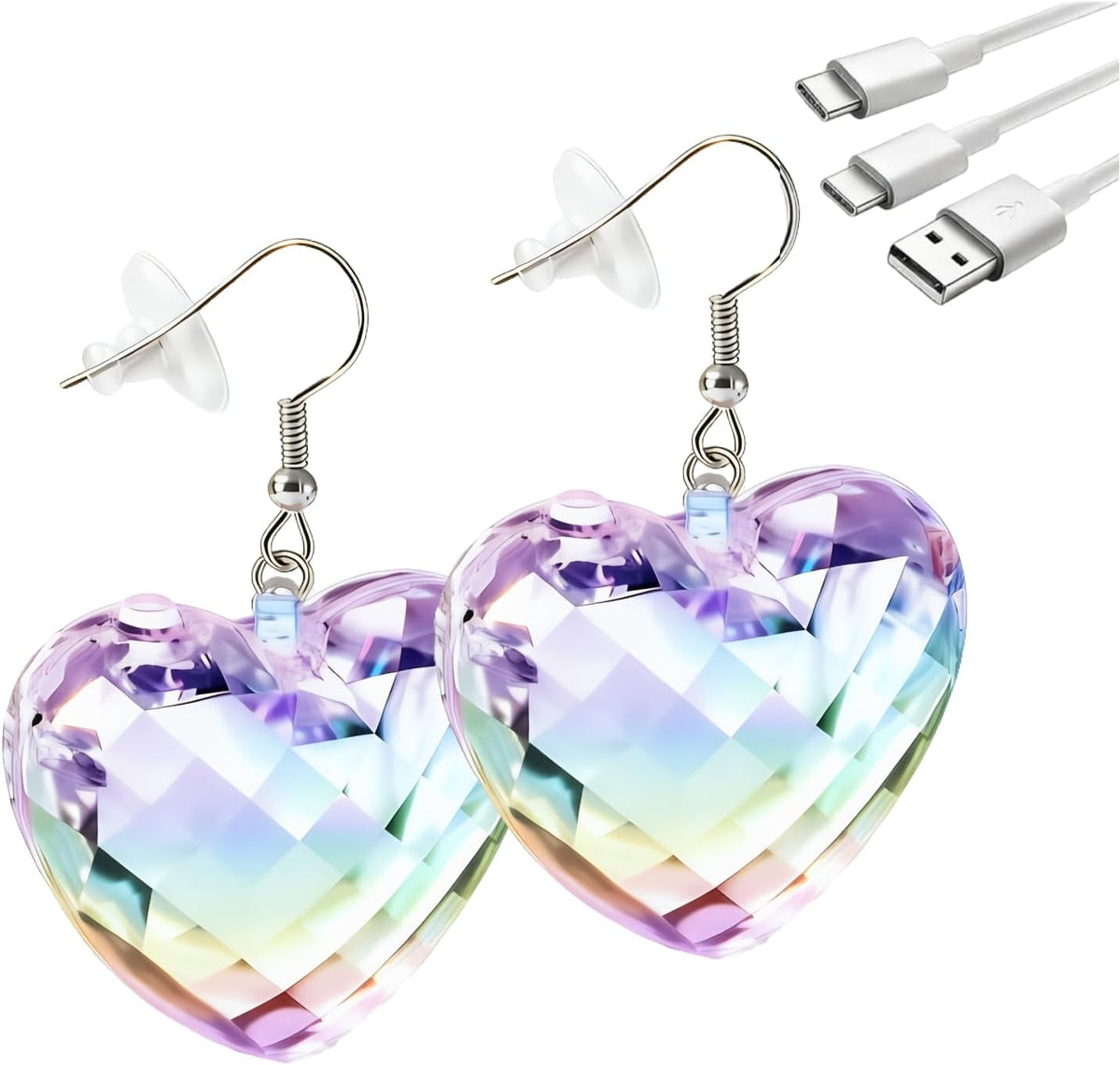 Multicolor heart-shaped LED earrings, one pair with charging cable